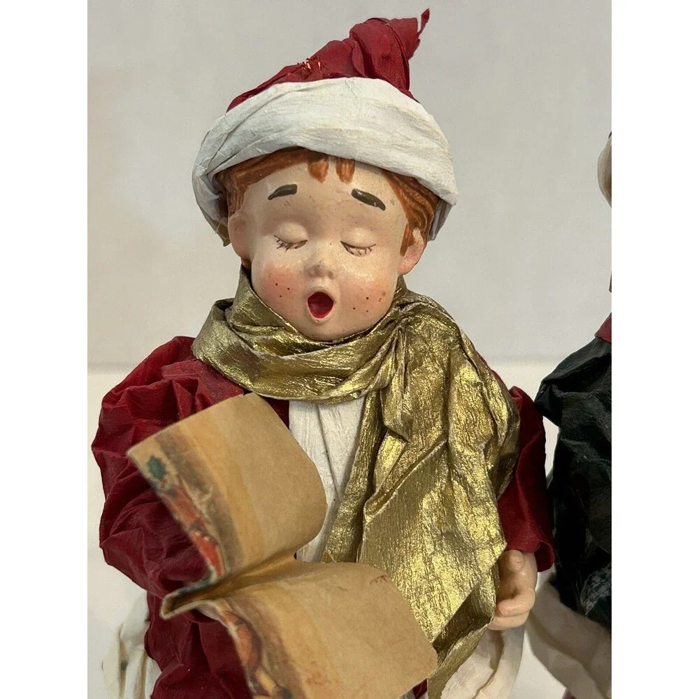 Vintage Paper Mâché Choir Boys Wood Base Christmas Decor Holiday Music Red Green